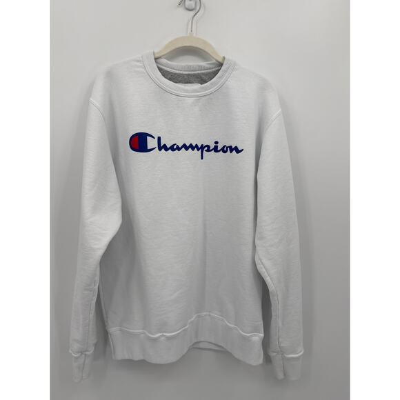 Champion White Crewneck Sweatshirt Classic Logo Pullover Fleece Size Medium - Picture 1 of 6